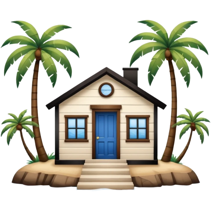 A full square 1 by 1   white and blue stripe house horizontally with brown wooden door on a island with palm trees  emoji