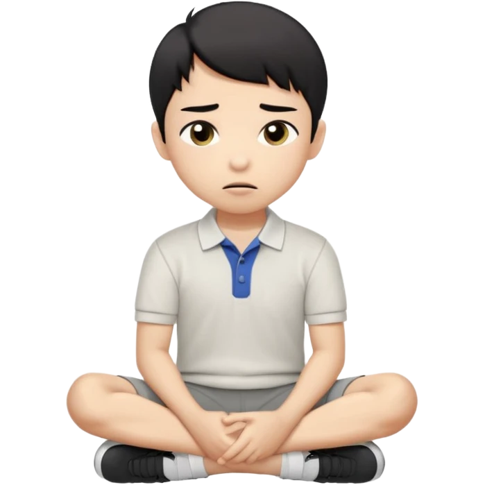A cartoon young Asian boy with short black hair, light beige skin, and large expressive eyes, wearing a white polo shirt, gray pants, and black shoes. He sits cross-legged on the ground, one fist resting on his cheek, with a closed-mouth smirk. Clean lines, flat colors, solid black background. emoji