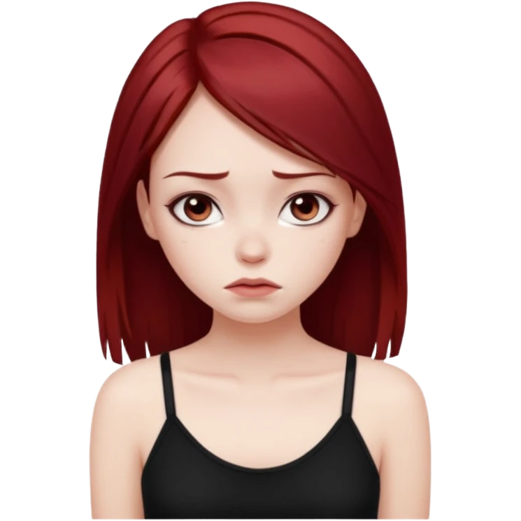 a pretty bratz fair girl with dark red straight hair, black cami top, looking sad emoji