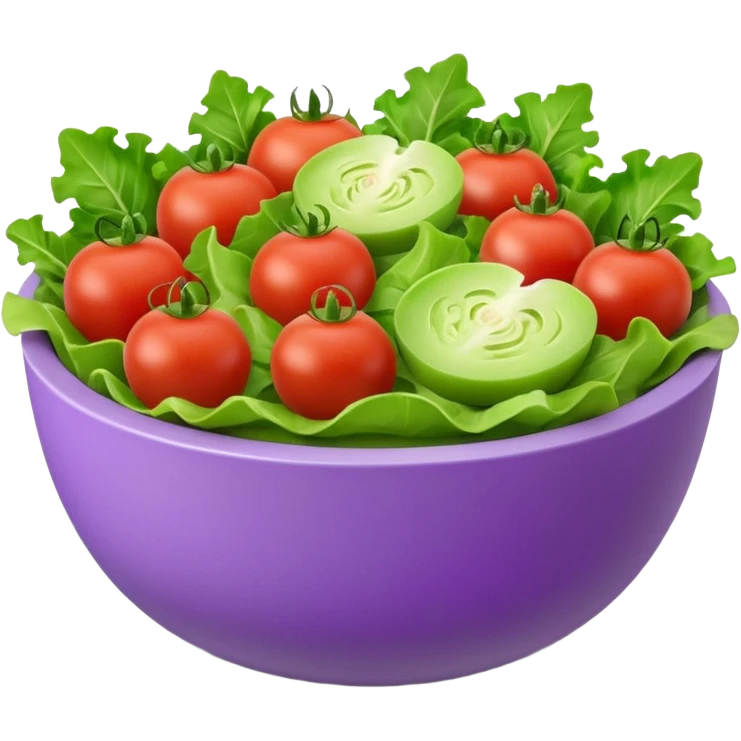 Modern premium 3D emoji icon: salad bowl (🥗), smooth rounded shapes, matte + subtle gloss, top-left studio light, soft shadow. Purple bowl with lavender rim; ingredients in natural colors. Centered, transparent background, no text. emoji