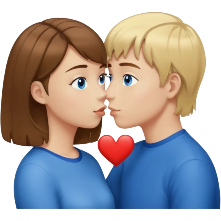 una ragazza con il caschetto marrone che bacia un ragazzo con i capelli biondi e gli occhi azzurri emoji