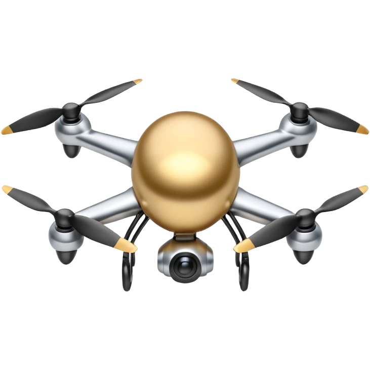 A futuristic drone emoji made of polished silver chrome, smooth rounded body, minimal propellers, reflective metallic surface, soft studio lighting, iOS emoji style, centered, clean white background emoji