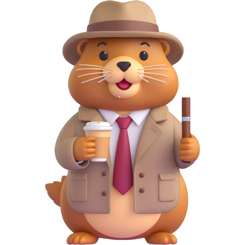 Make the beaver gangster in 3D emoji style look like he is made of cappuccino, with creamy and coffee-like textures. Keep the trench coat, tie, hat, and cigar as in the original image. emoji