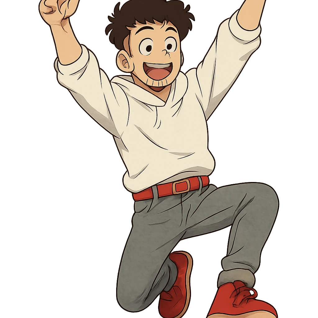 1 male, mid fade haircut dark chestnut brown curly hair, toasted lightskin, white hoodie sleeves up, gray fashion jeans, red fashion-sneakers shoes, red belt, short trimmed beard and goatee,  style of deku from "my hero academia",  "happy!" pose emoji