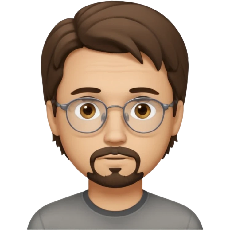 male Slim, slightly oval face, light skin.
Medium-length brown wavy hair, slightly messy.
Brown eyes, round eyeglasses.
Soft, calm expression.
add goathe and add hair to his forhead emoji