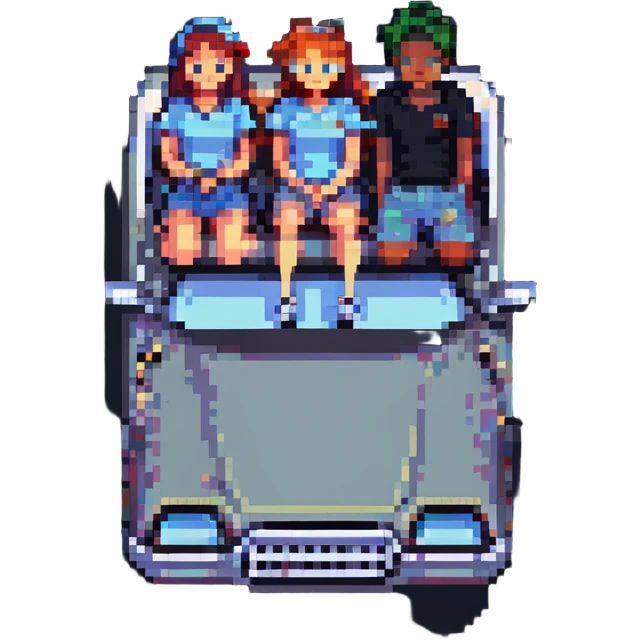 two guys laying on the hood of a car with a girl between their legs, pixel art style emoji