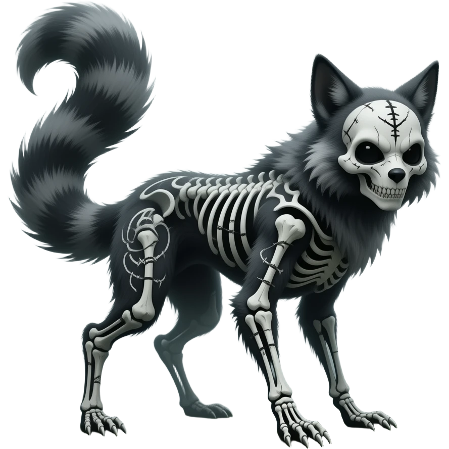 spectral spooky dark bleak blackish swampy white-skeletal gloomy ghostly dark greyish dark-deep-greenish foggy eldritch beautiful realistic edgy fantasy ghoul-like stitched vernid-sergal-fursona animal creature with a tufted tail full body with intricate markings emoji