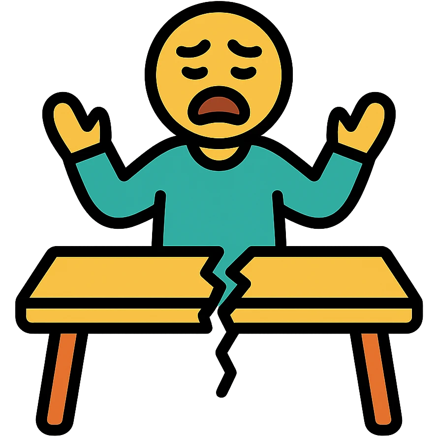 a person standing in front of a broken meeting room table, visually expressive, clear subject, icon style, simple and bold emoji