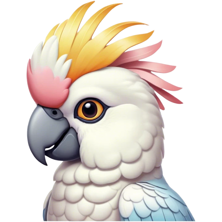 Cinematic Noble Cockatoo Portrait Emoji, Poised and regal, with a striking, crest-adorned head of brilliant white and pastel hues, a robust, curved beak, and piercing, intelligent eyes, Simplified yet sharp and sophisticated features, highly detailed, glowing with a soft, tropical luminescence, high shine, intelligent and majestic, stylized with an air of avian elegance, focused and alert, soft glowing outline, capturing the essence of a watchful and confident cockatoo that appears ready to unfurl its crest out of the screen with effortless authority! emoji