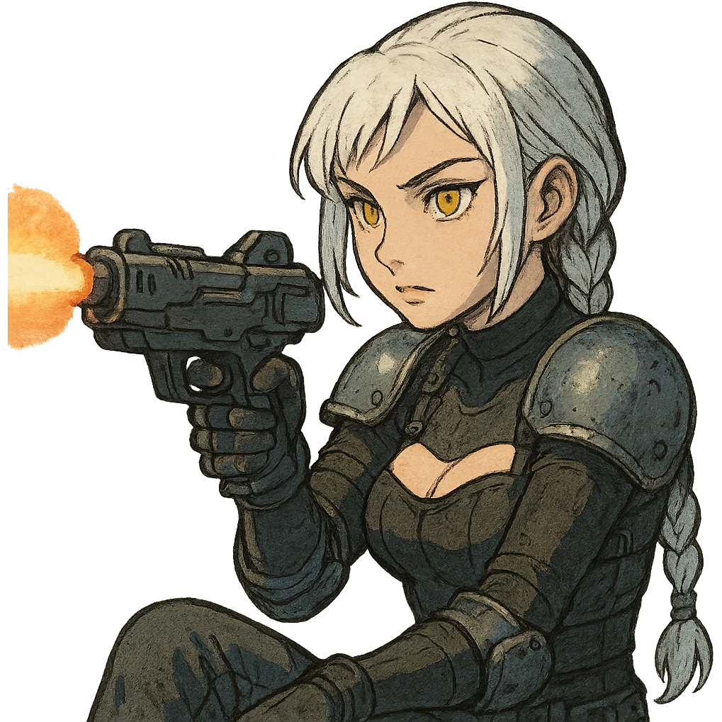  she iswearing armor, doing live-fire exercises at a safe and sanctioned training firing range with a maximum power blaster, a closeup portrait of young woman with gold yellow eyes, white hair, long braid, black off-shoulder top d-cup, punk gothic style, futuristic cyberwave cyberpunk, sitting position
 emoji