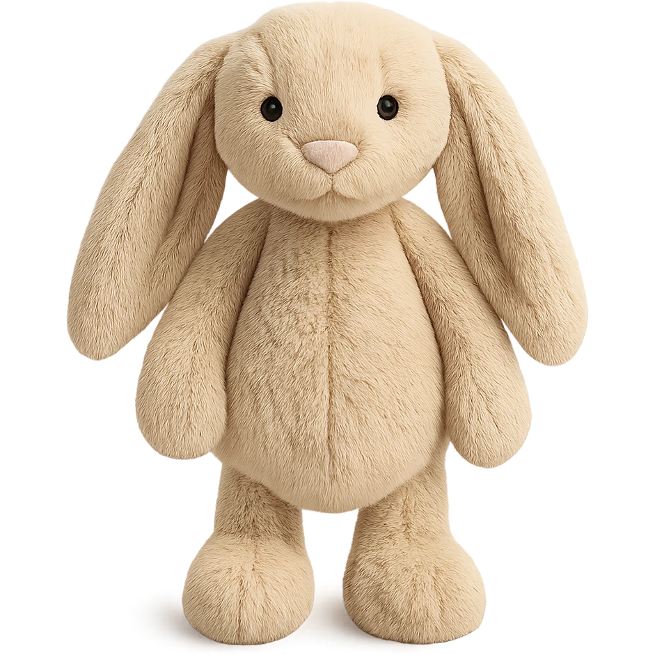 beige plush bunny inspired by Jellycat Bashful Bunny, standing pose, floppy ears, soft and cuddly emoji