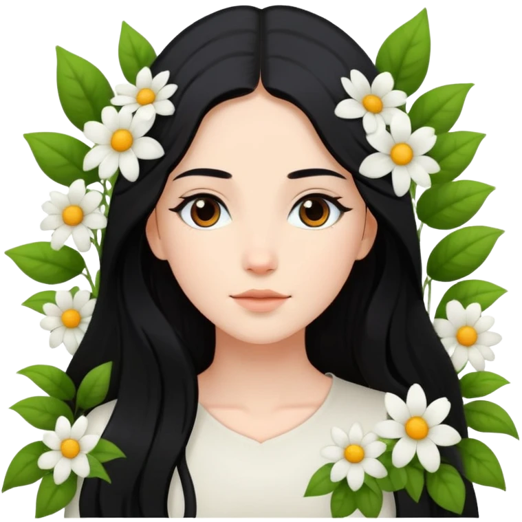 crea un chica blanca con cabello negro largo bonita de ojos marrones vestida de blanco conectando con la naturaleza rodeada de flores  emoji