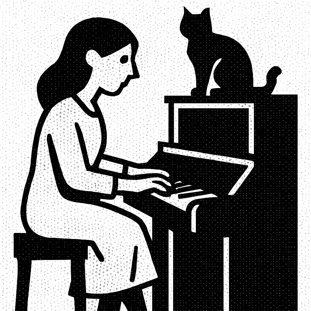 woman playing piano while her cat sits on top of the piano emoji