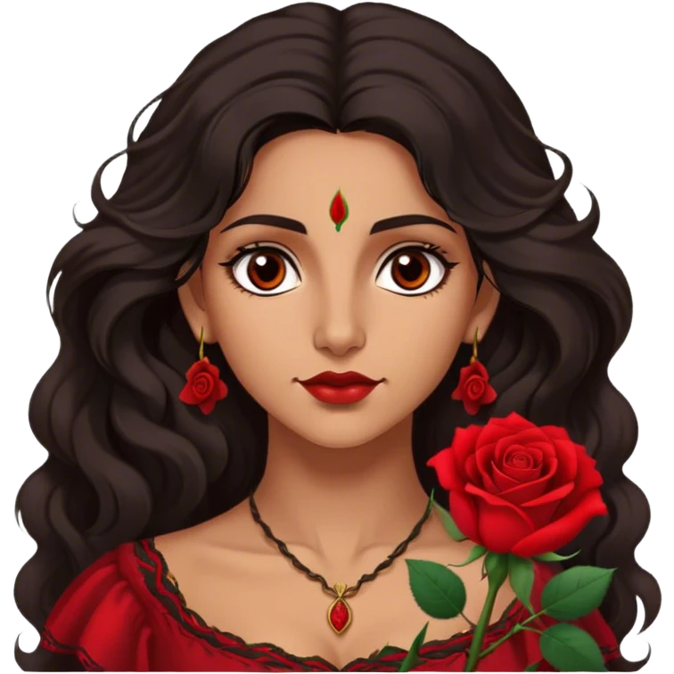 A Romani woman with long, wavy dark hair and a single red rose behind one ear. She has deep eyes and a confident, mysterious expression emoji