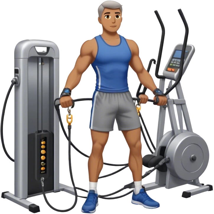 guy standing next to cable-machine with cable tied to ankle-cuffs for leg-side-raise exercise emoji