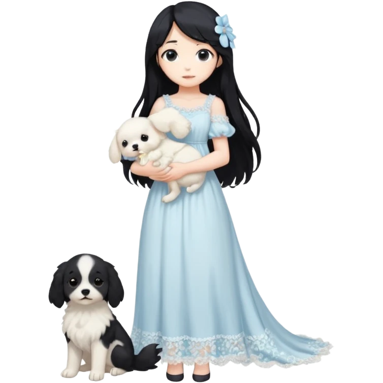 Pastel anime lady long hair with long lace dress full body holding puppy aesthetic background emoji