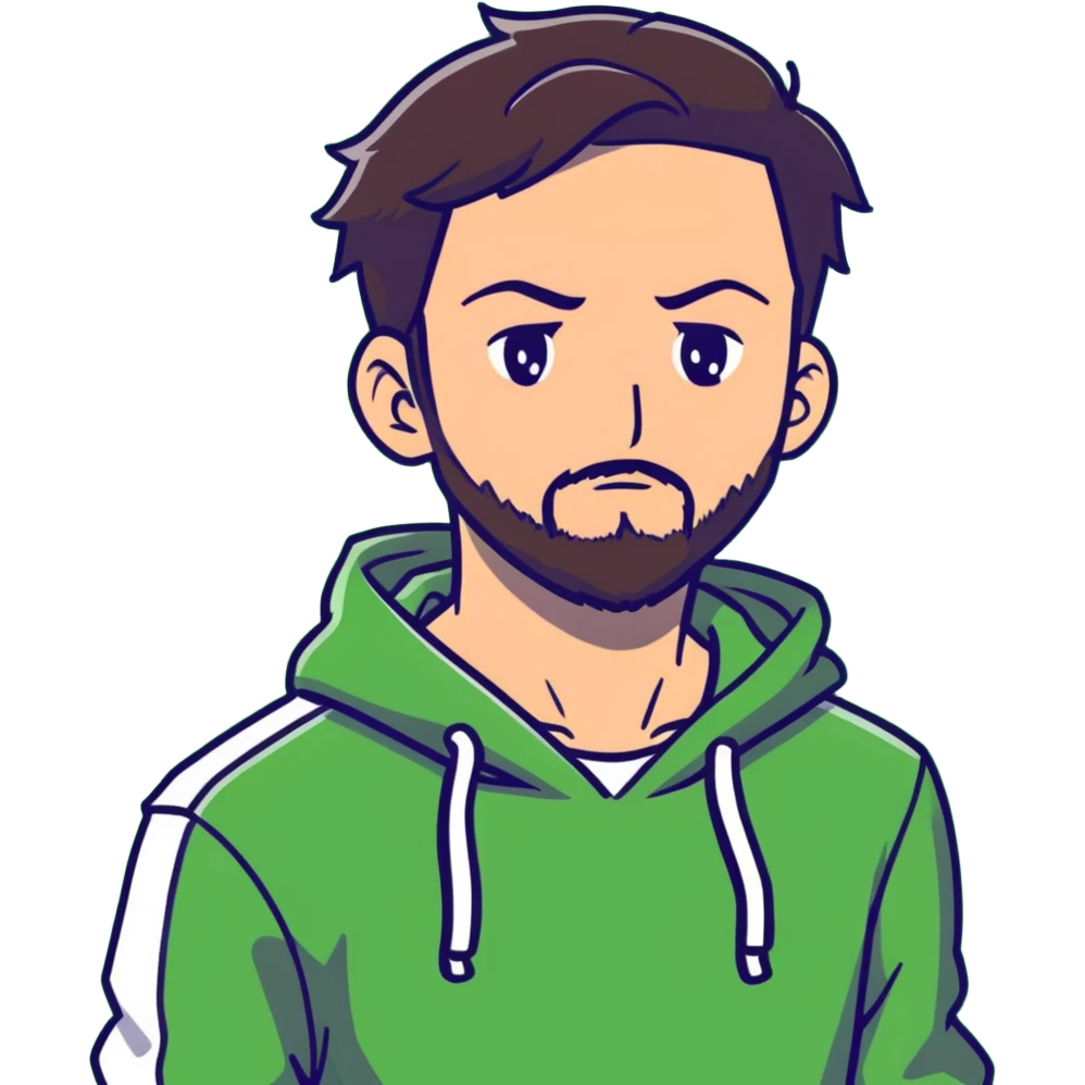 anime style man with short full beard, dark brown undercut hairstyle, white hoodie, and green eyes emoji