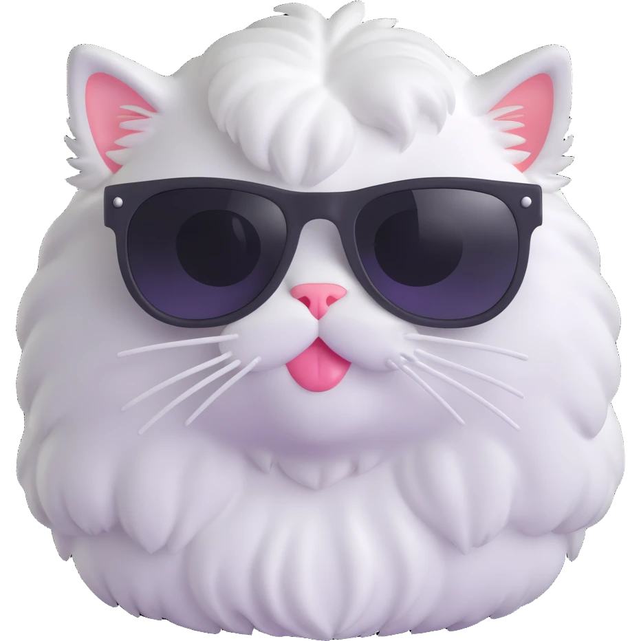 white fluffy cat face with long hair and black sunglasses, 3D emoji style emoji