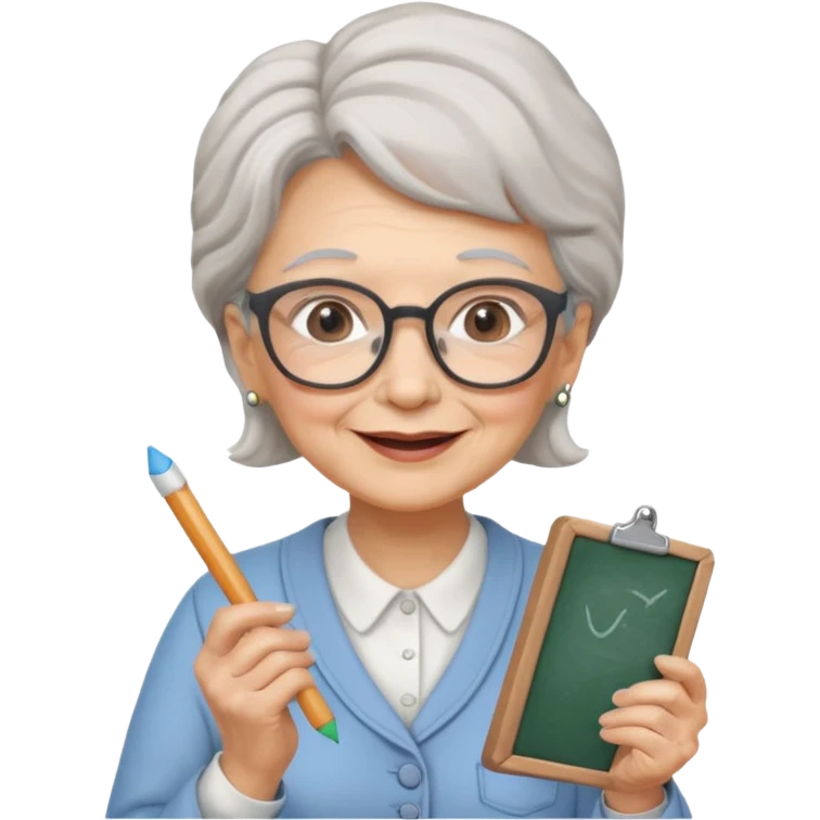 woman teacher, old, wearing glasses, hold chalk on hand emoji