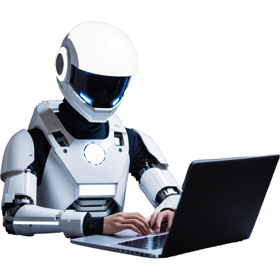 futuristic tech boy wearing a sleek robot helmet with a glowing white circle light in the center, sitting in front of an advanced high-tech laptop, neon-lit cyberpunk room with holographic displays and gadgets, focused posture, soft reflections on helmet, mysterious atmosphere emoji