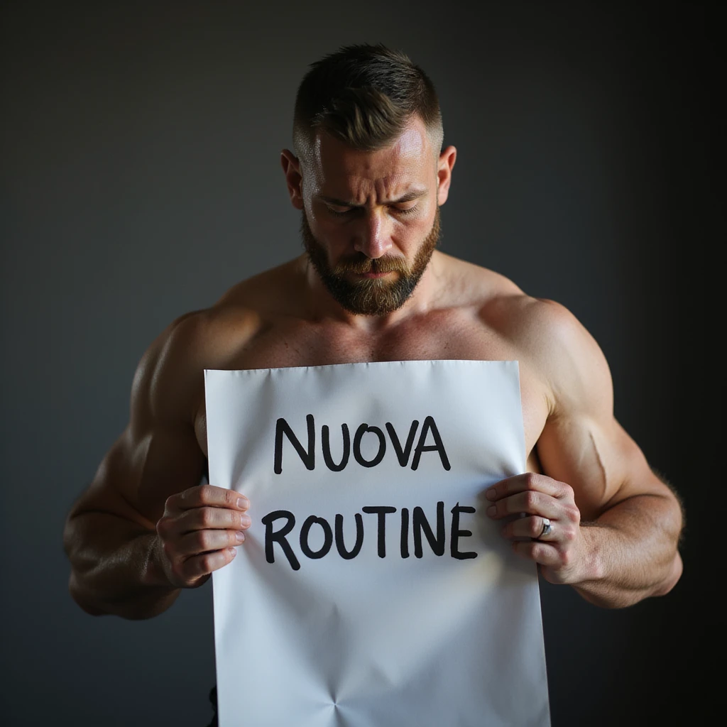 hyperrealistic 4K image of a sad fitness man, sad expression, holding a sheet with the text 'NUOVA ROUTINE', no background emoji