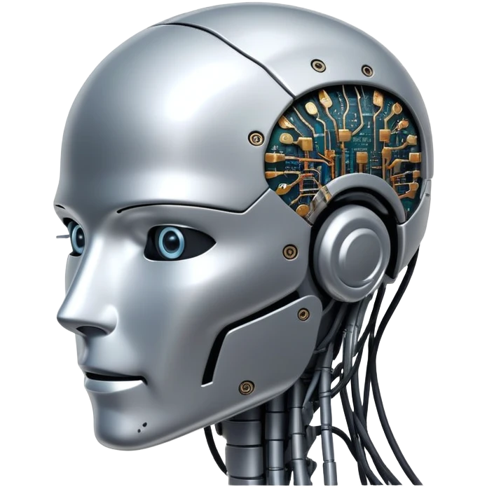 An icon featuring a humanoid robot head, neural network connections, and binary code, symbolizing artificial intelligence. The design includes a brain with circuits and machine learning algorithms, representing the study and development of intelligent systems. Transparent background  emoji