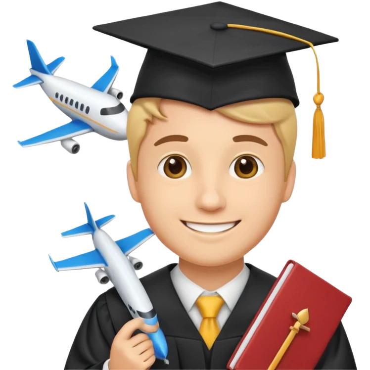 emoji man student at university with graduation cap and airplane, happy, programme erasmus,white background emoji