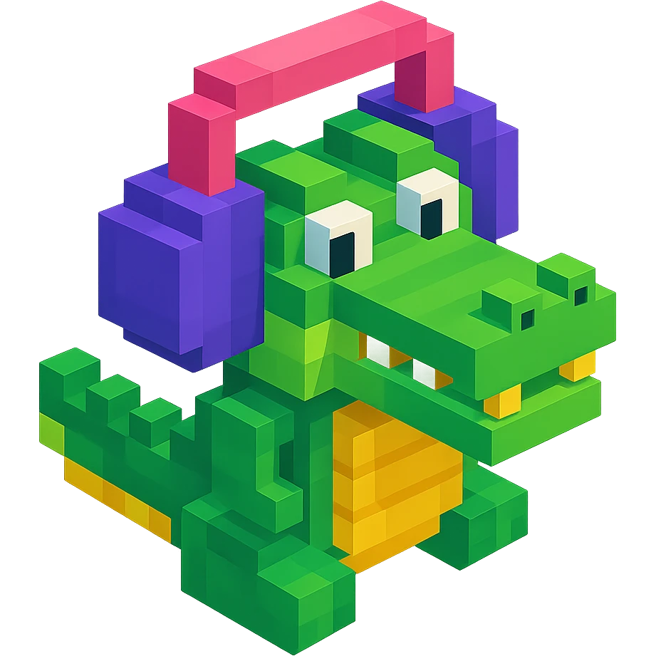 crocodile wearing large over-ear headphones, isometric view, voxel style emoji