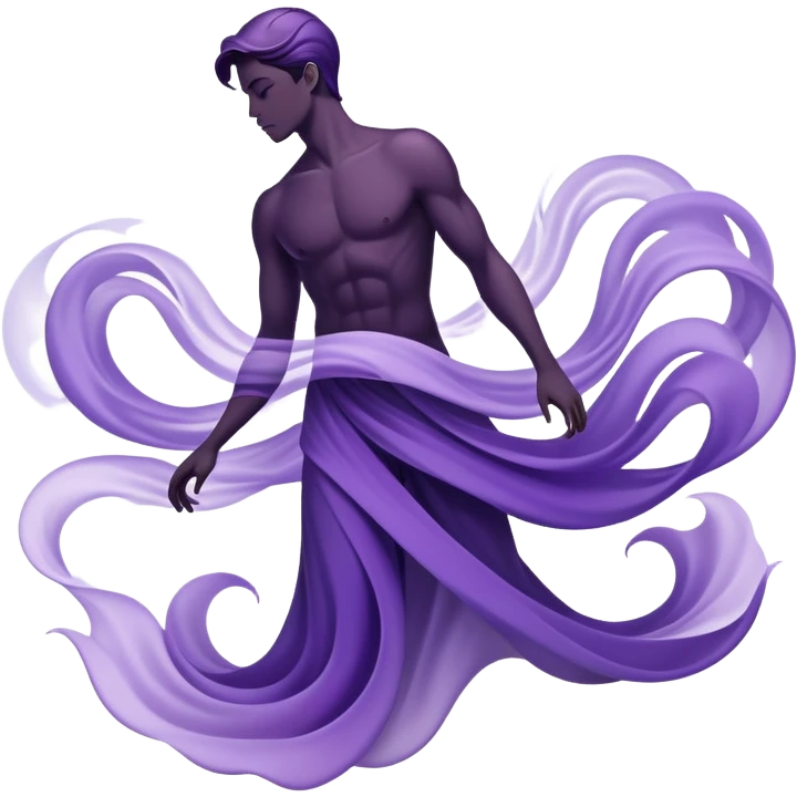 Masculine silhouette formed by subtle purple flowing energy waves with ethereal style elements floating around it, minimal fashion pieces surrounding the form emoji