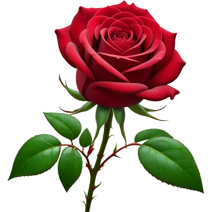 Cinematic Realistic Rose Emoji, Elegant and full of grace, with velvety, deep red petals unfurling in a perfect bloom, dew drops glistening on the soft edges, and a faint fragrance hanging in the air. The lush green leaves surround the stem, creating a vibrant contrast to the rich color of the petals. Soft glowing outline, capturing the essence of timeless beauty and romance in a single bloom. emoji