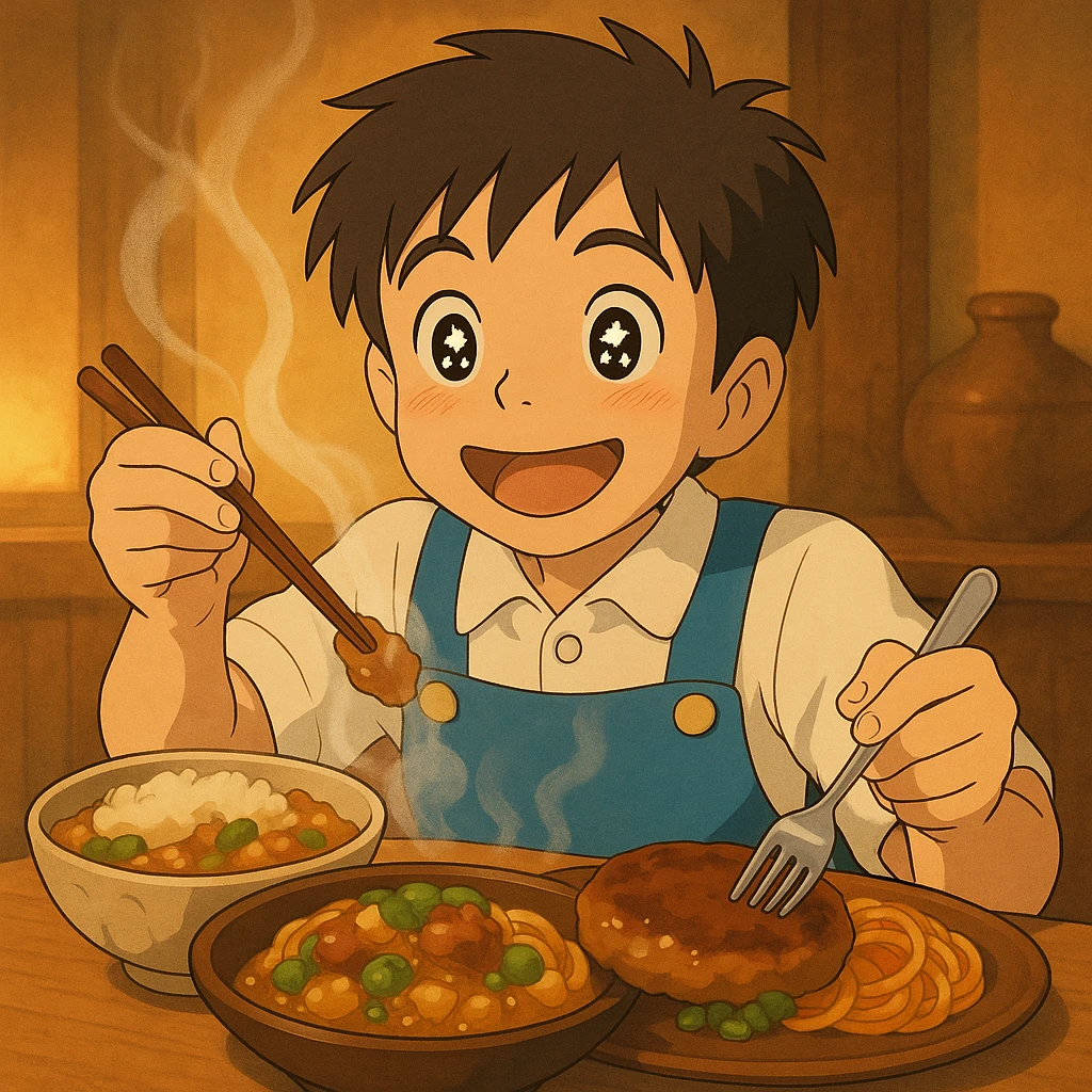 The same anime boy character from the reference image, in Studio Ghibli style, enjoying delicious food with sparkly eyes and a satisfied expression. Steam rising from the dishes, food is detailed and appetizing, food animation style, warm and inviting atmosphere. emoji