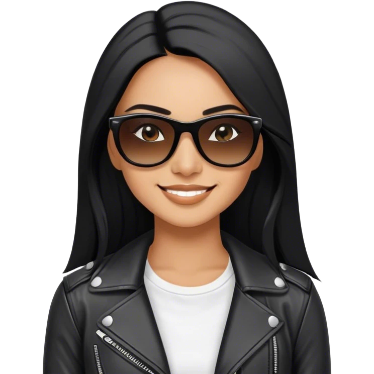 beautiful fit woman, with long straight black hair, with make up, black eye liner, smile mooth close, mexican, brown skin, wearing white tee, wearing leather black jacket, solar black wayfarer on the tip of the nose emoji