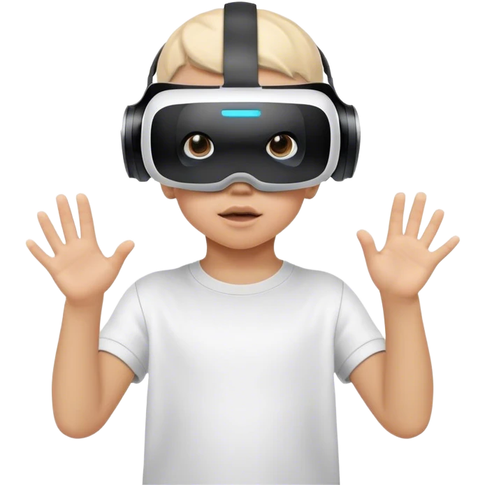 Child wearing virtual reality glasses, with a curious and engaged expression, exploring the digital world through VR technology. emoji