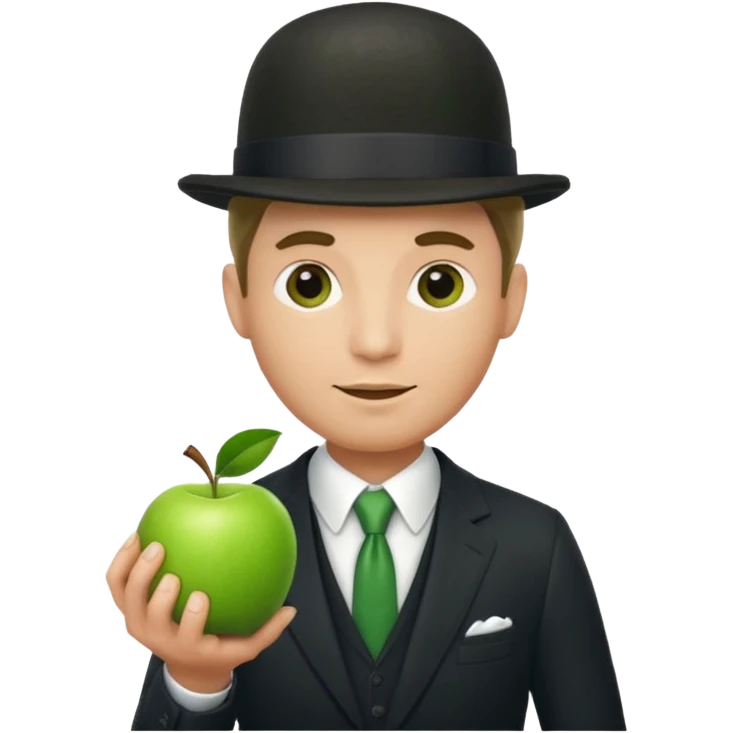 homme en costume chapeu melon, grosse pomme verte devant visage emoji