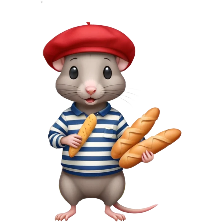 Rat wearing a beret and striped shirt holding a baguette with Eiffel Tower in background emoji