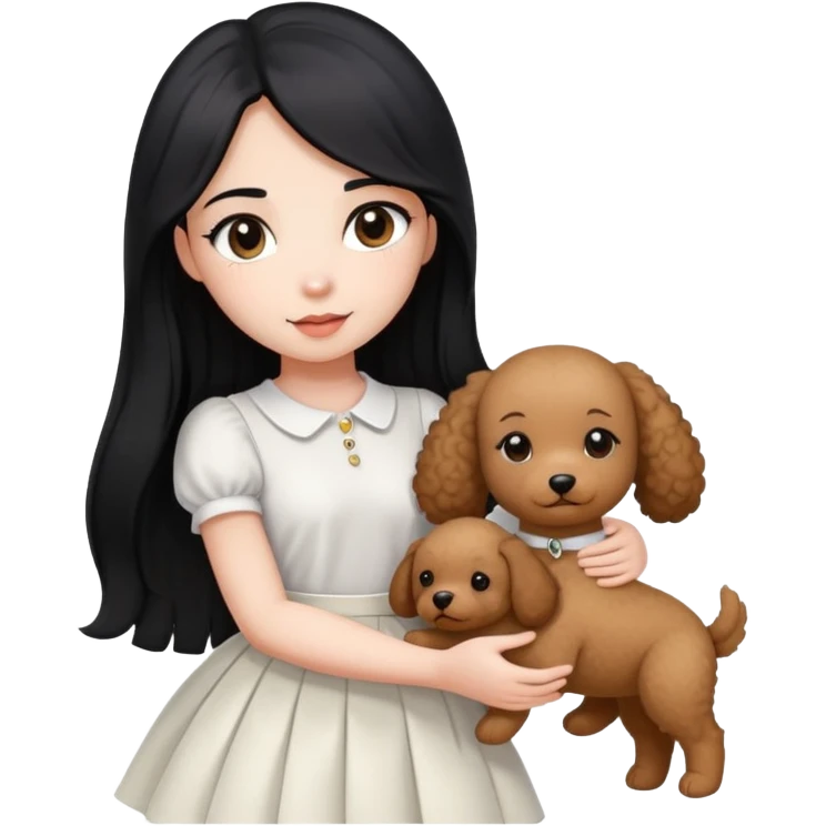 beautiful girl with long straight black hair wearing a white skirt holding a small brown curly teddy dog emoji
