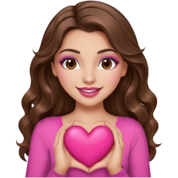 girl with long wavy brown hair, brown eyes, long lashes makeup, sexy pink lips, light to medium complexion, wearing a pink sexy top, smiling, holding a big heart emoji