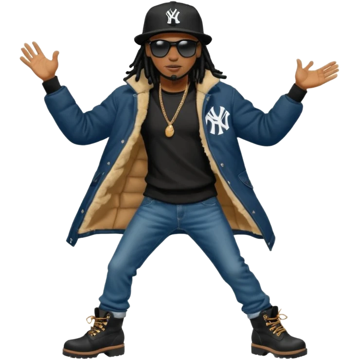 African American man with shoulder length black dreadlocks and black sunglasses wearing a black New York Yankees baseball hat  bubble winter coat with denim skinny jeans and timberland boots dancing emoji