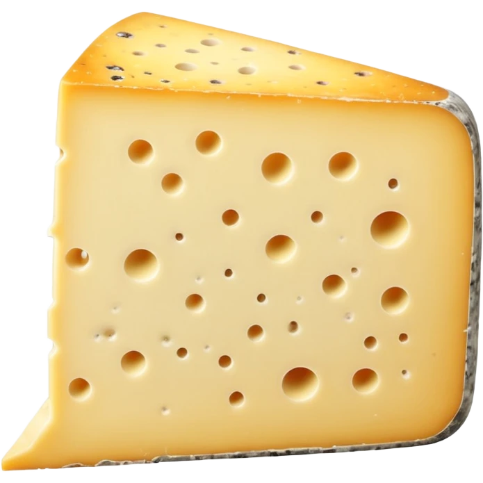 thick wedge of Tomme de Savoie cheese with pale yellow semi-firm interior and rustic gray-brown natural rind speckled with mold, slightly irregular aged texture with tiny holes, dense earthy appearance, soft lighting, subtle shadows, emoji scale emoji