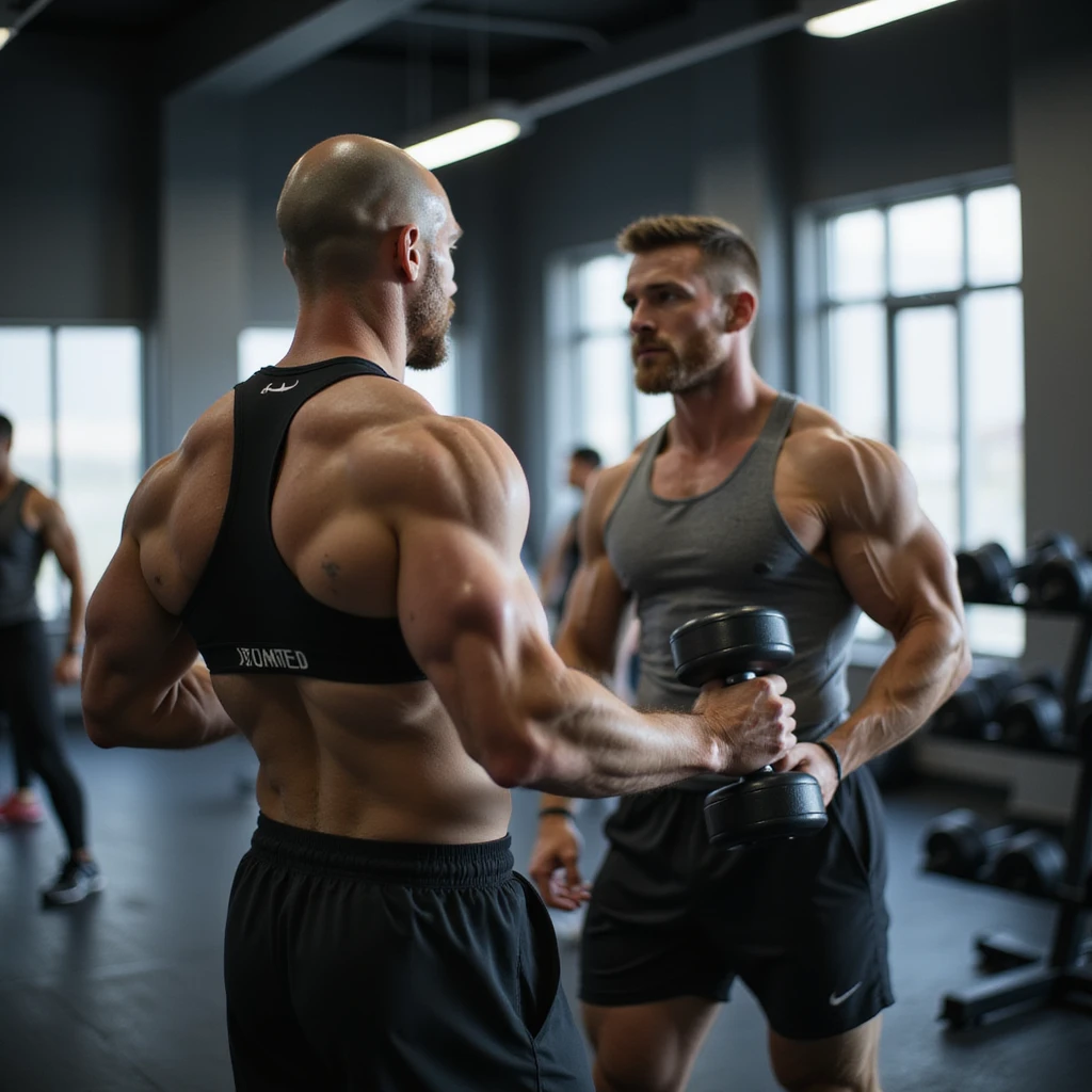man in modern gym, wearing sportswear, using both isotonic machine and dumbbells, other athletes in background, atmosphere of variety in training, realistic details, 4K quality emoji