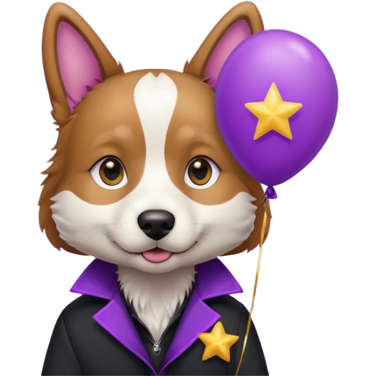 Dog hold purple star shape balloon, black jacket emoji