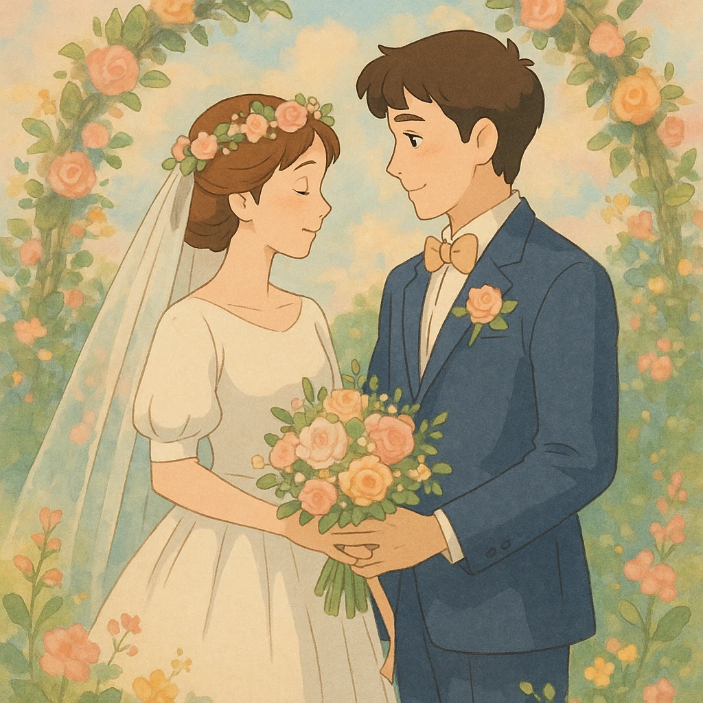 romantic wedding scene with bride and groom, soft pastel colors, floral accents emoji