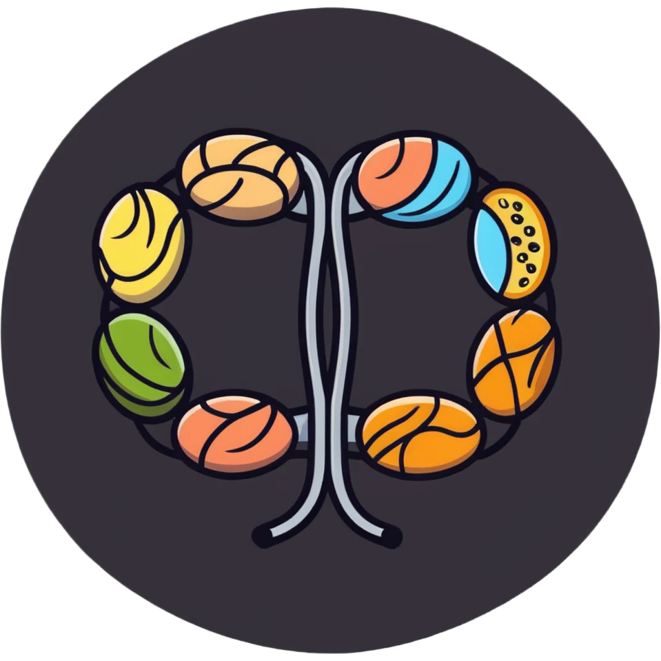 Vibrant muscle fibers in the center, with protein foods (meat, egg, beans, tofu, yogurt) connected together in a unified chain or cluster, floating together around the muscle fibers like a connected orbital ring. emoji