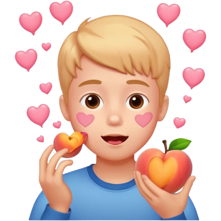 Cute boy eating a peach, pink hearts floating  emoji