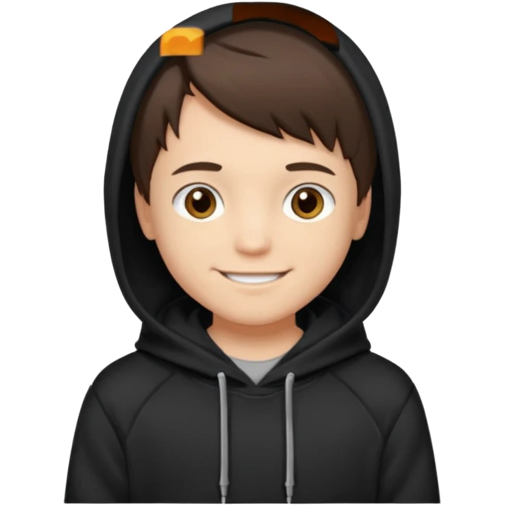 A brunette boy, short straight hair, light brown eyes, with a black sweatshirt with a hoodie, and smile  emoji