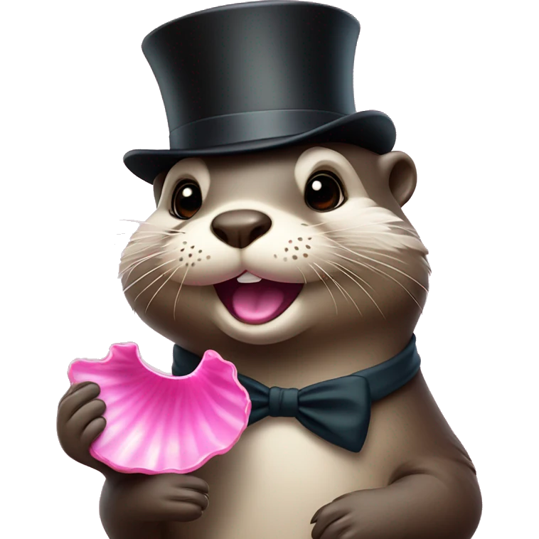 Cute Otter with glasses and top hat holding pink clam shell emoji