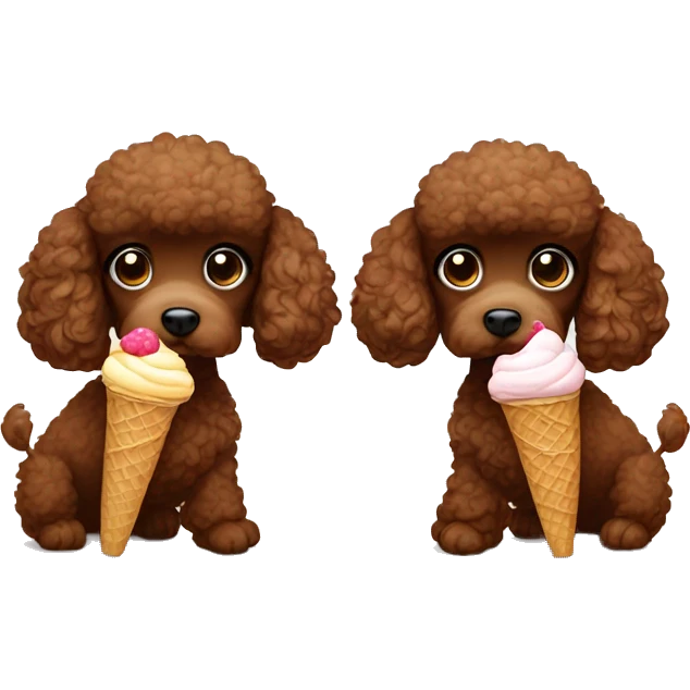 Two brown toy poodles. One is smaller than the other one. One is eating ice cream, the other one is watching emoji