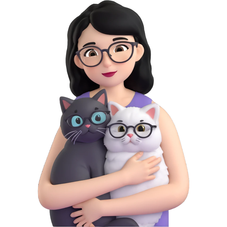 Skinny woman with oval glasses, shoulder length straight black hair, wearing white sleeveless top, hugging a grey Persian-Angora cat, plain background emoji
