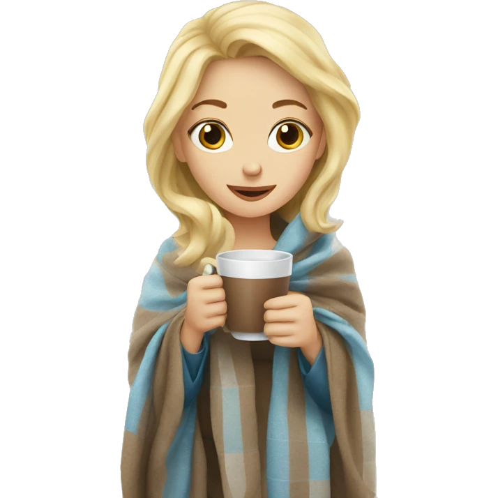 Blonde girl in blanket drinking coffee  emoji