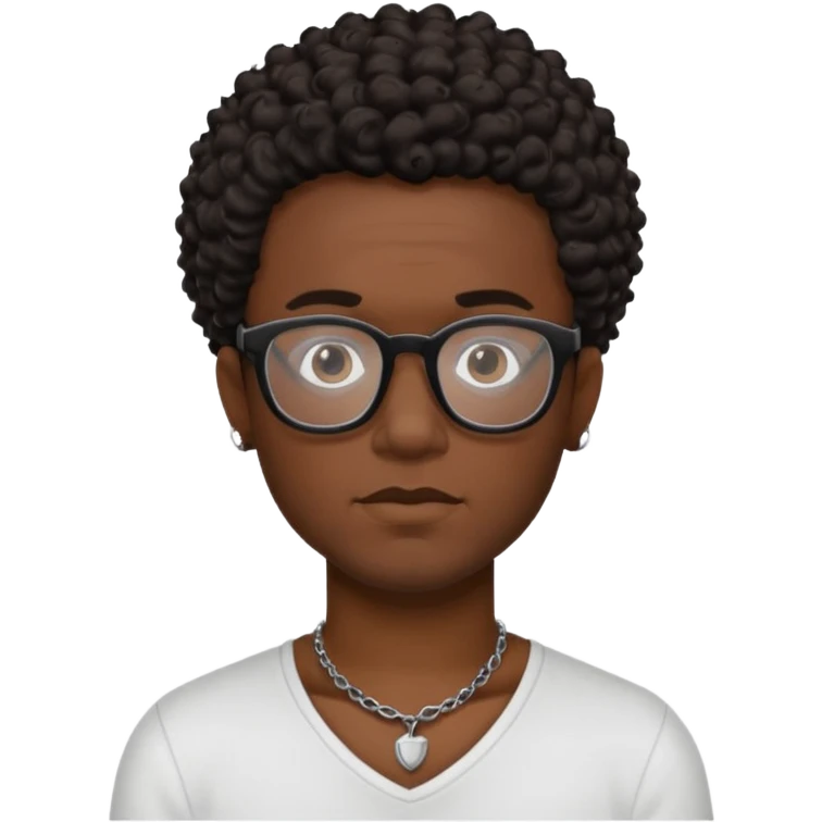 black man with short dark brown curly hair, black glasses, small tattoo on neck emoji